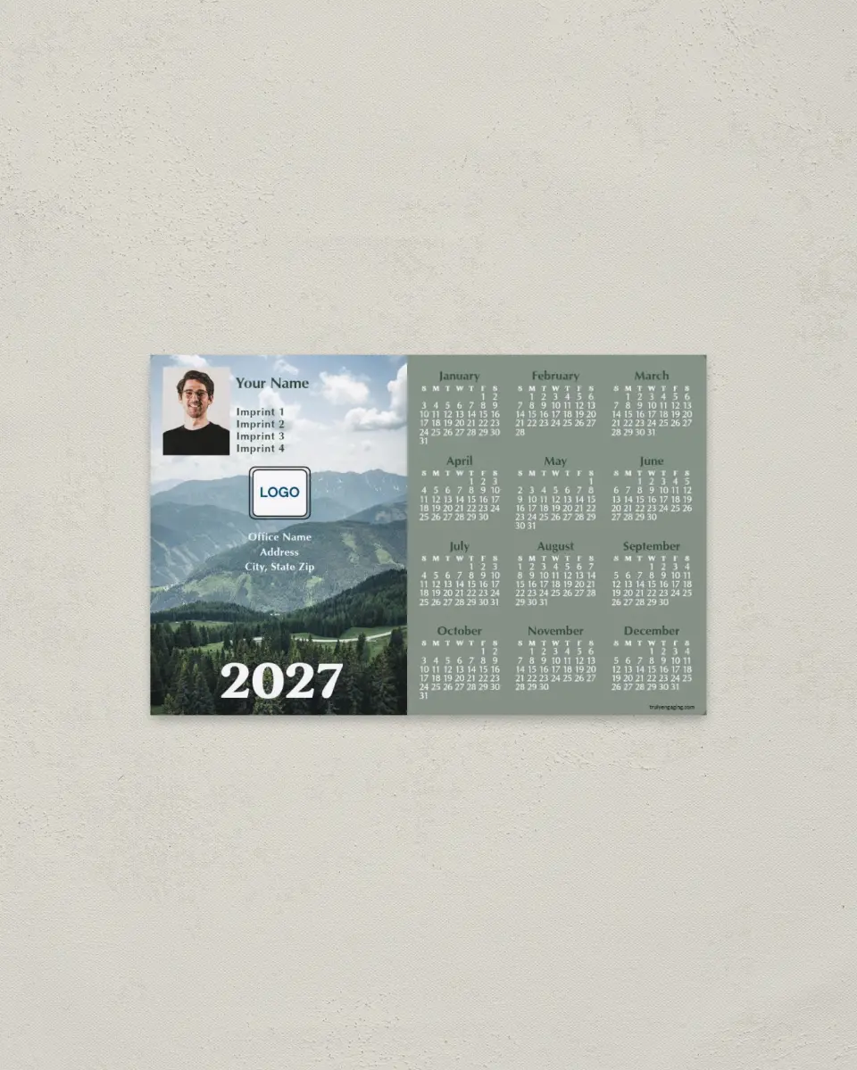 This is a 3.7" x 5.7" Full Magnet Calendar called Mountains of Pine printed in full color with Silver foil and a Soft Touch finish