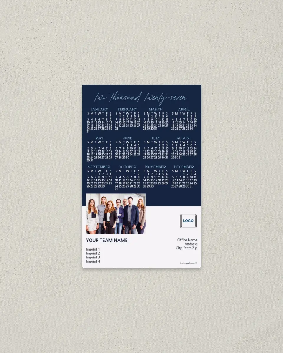 This is a 3.7" x 5.7" Full Magnet Calendar called Professional Team printed in full color with Gold foil and a Soft Touch finish