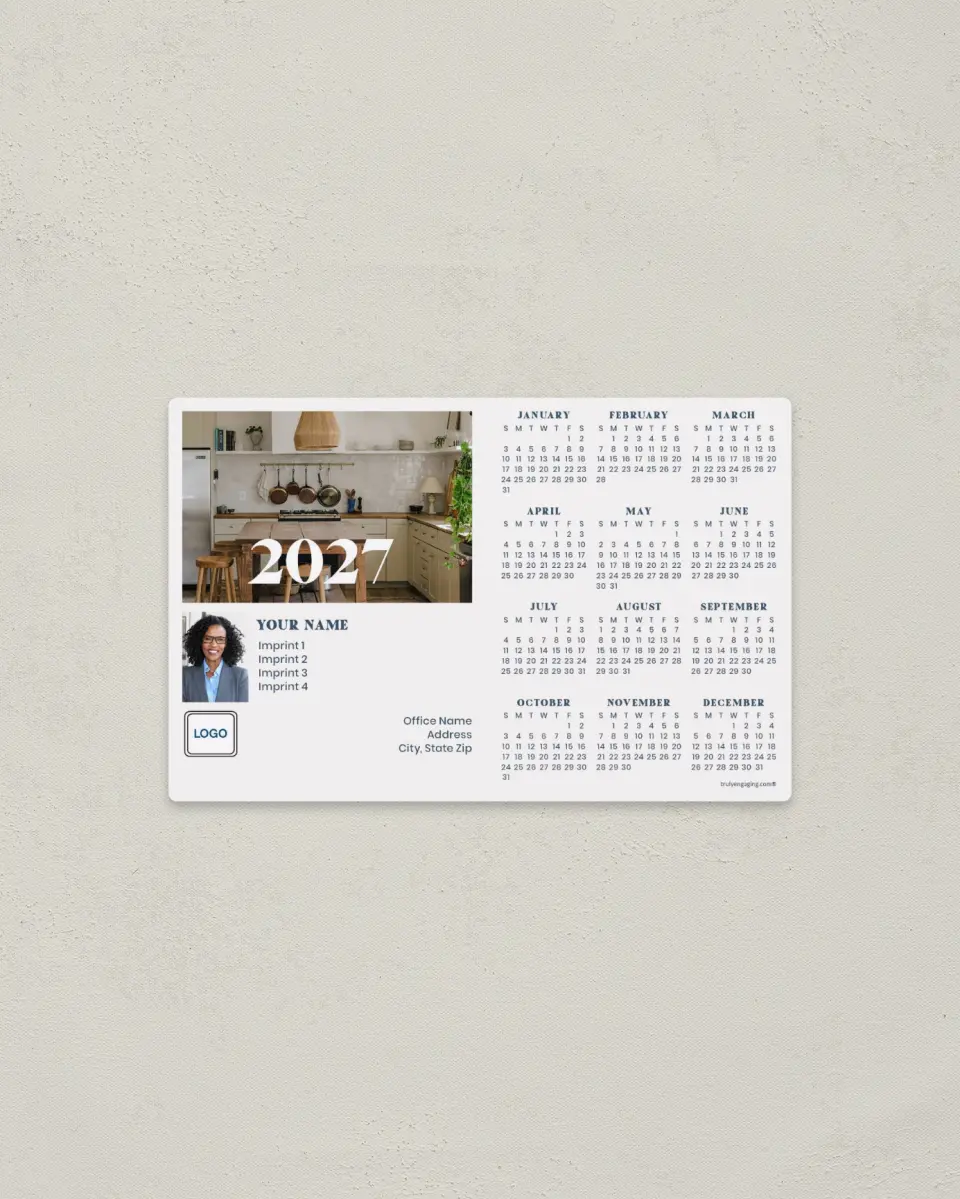 This is a 3.7" x 5.7" Full Magnet Calendar called Home Base printed in full color with Gold foil and a Soft Touch finish