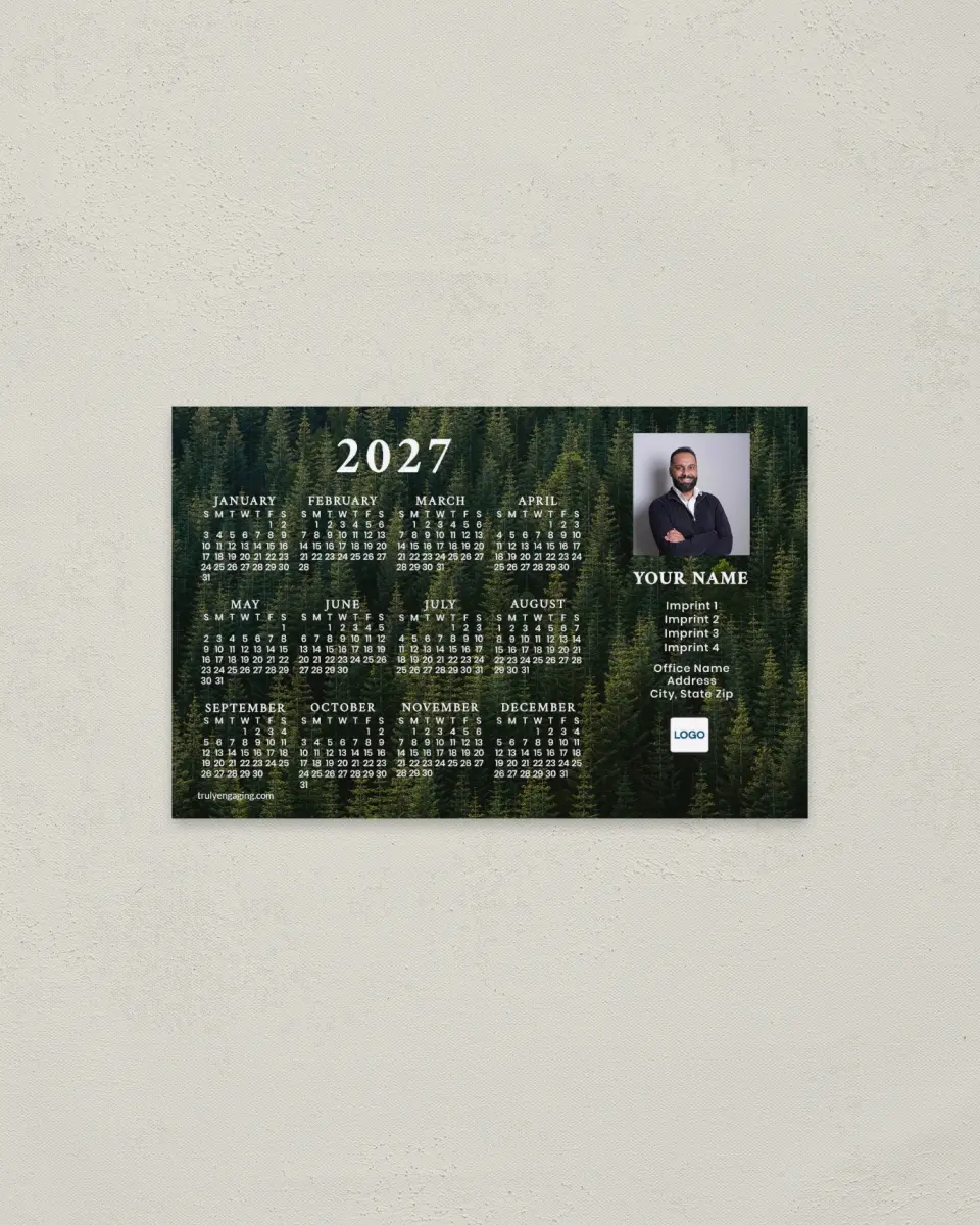 This is a 3.7" x 5.7" Full Magnet Calendar called Forest Trail printed in full color with Silver foil and a Soft Touch finish
