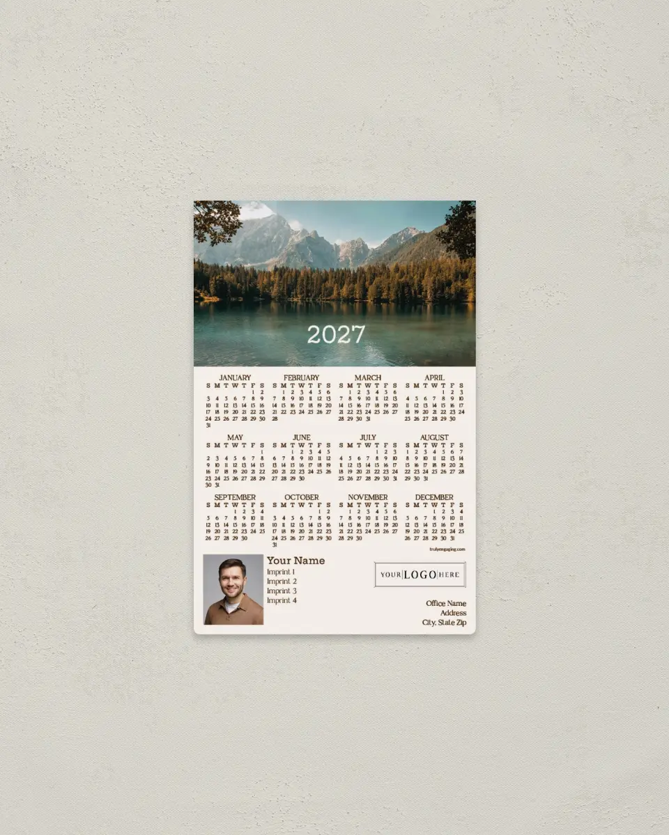 This is a 3.7" x 5.7" Full Magnet Calendar called Majestic Lake printed in full color with Silver foil and a Soft Touch finish