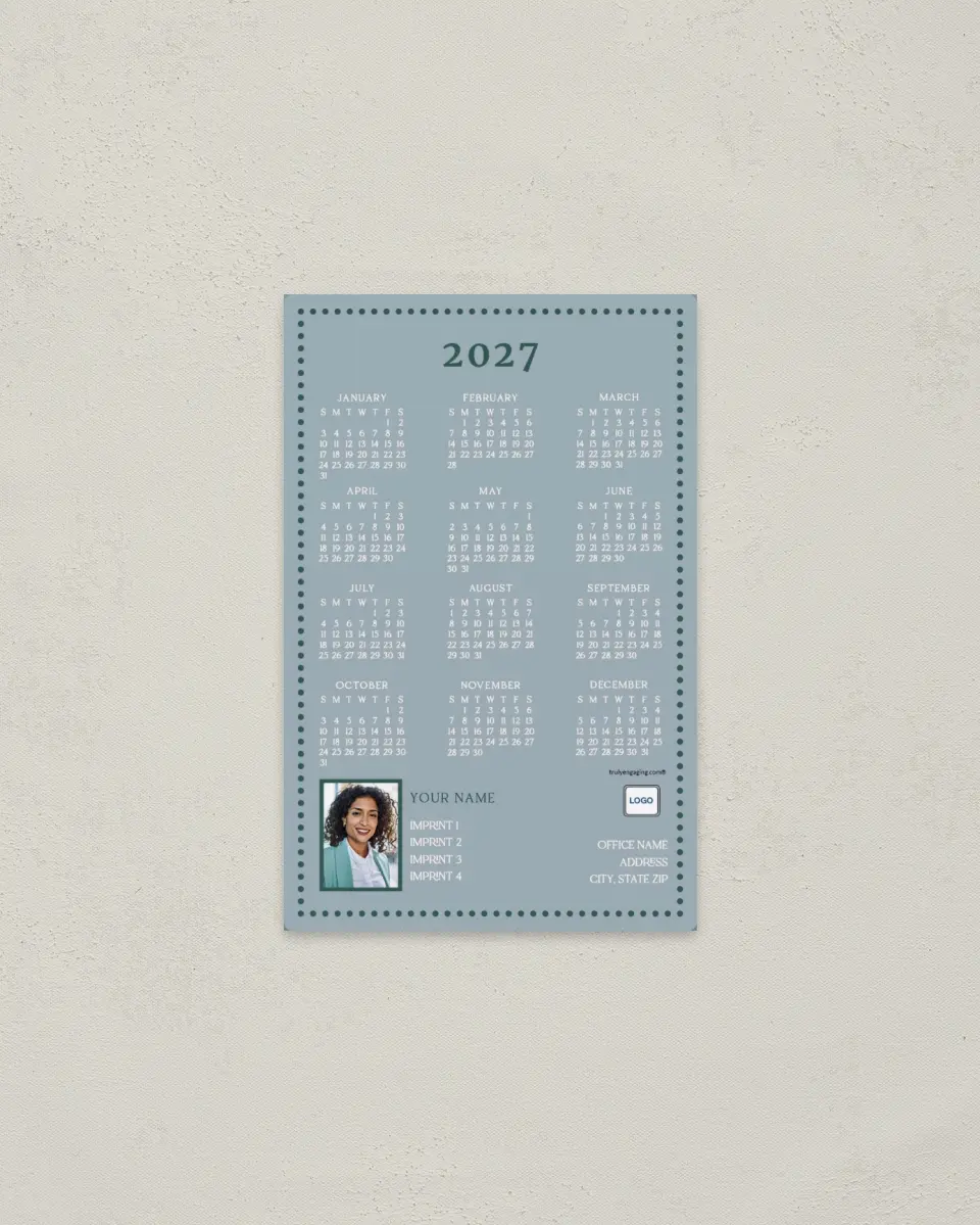 This is a 3.7" x 5.7" Full Magnet Calendar called Dotted I's printed in full color with Gold foil and a Soft Touch finish