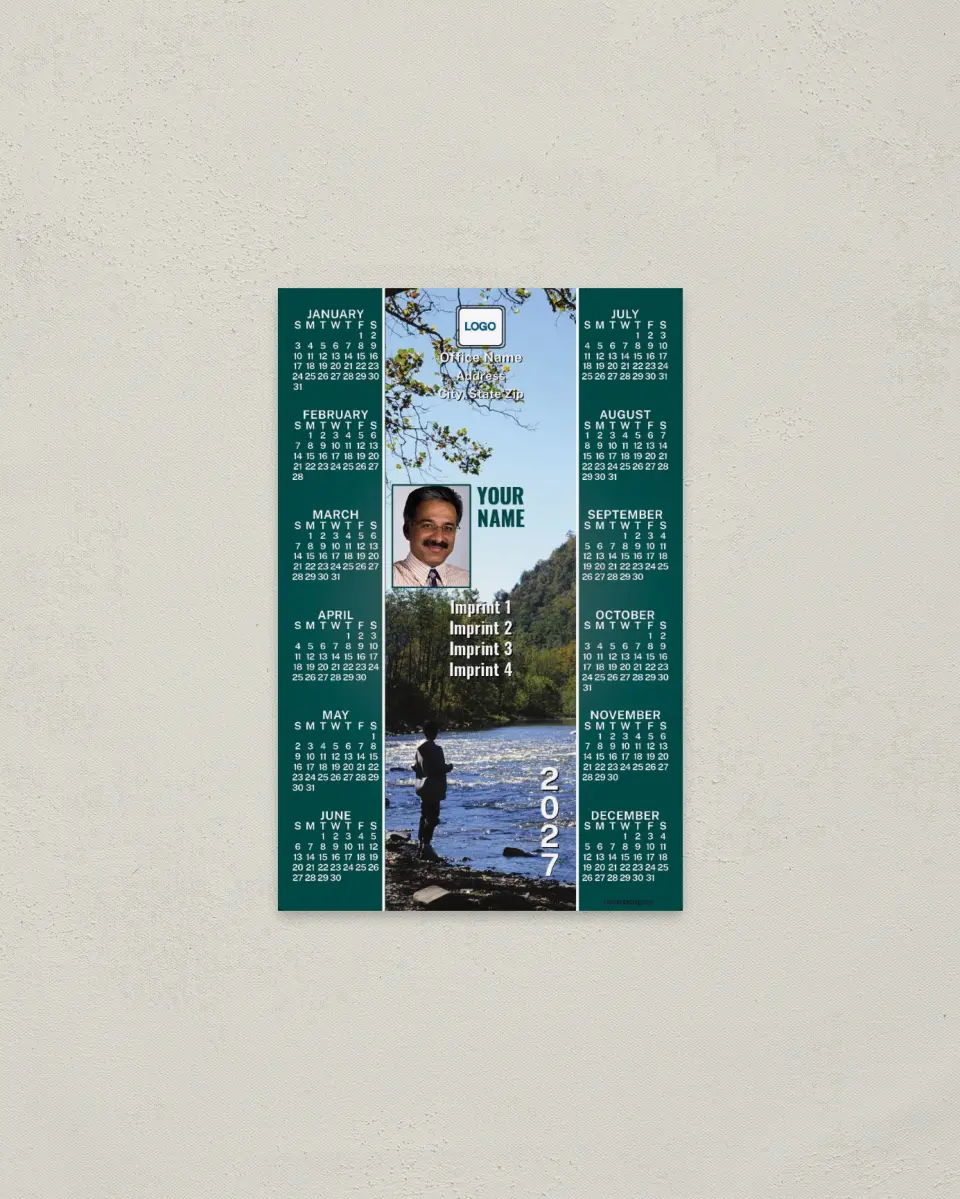 This is a 3.7" x 5.7" Full Magnet Calendar called Fisherman at Lake printed in full color with a Standard Gloss finish