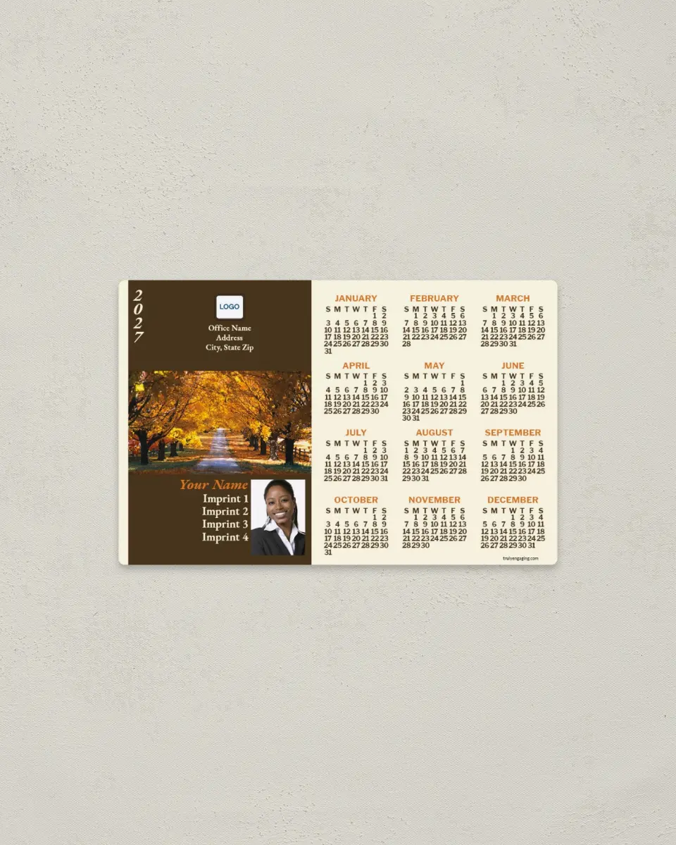 This is a 3.7" x 5.7" Full Magnet Calendar called Autumn Trees with Brown & Cream Background printed in full color with a Standard Gloss finish