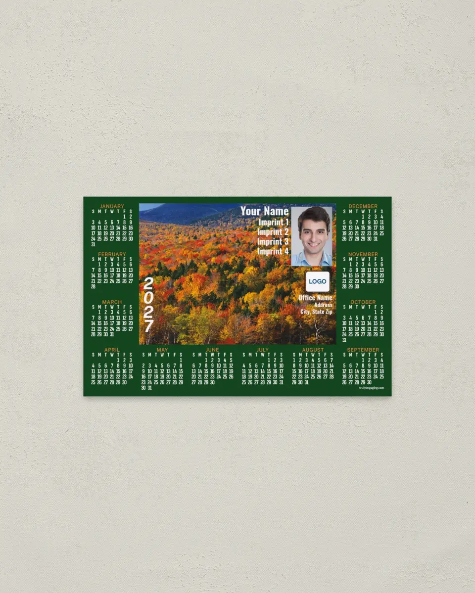This is a 3.7" x 5.7" Full Magnet Calendar called Autumn Trees with Green Border printed in full color with a Standard Gloss finish
