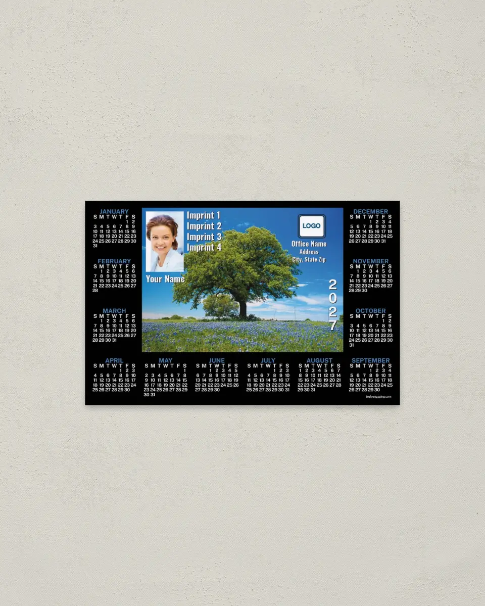 This is a 3.7" x 5.7" Full Magnet Calendar called Tree and Blue Flowers with Black Border printed in full color with a Standard Gloss finish