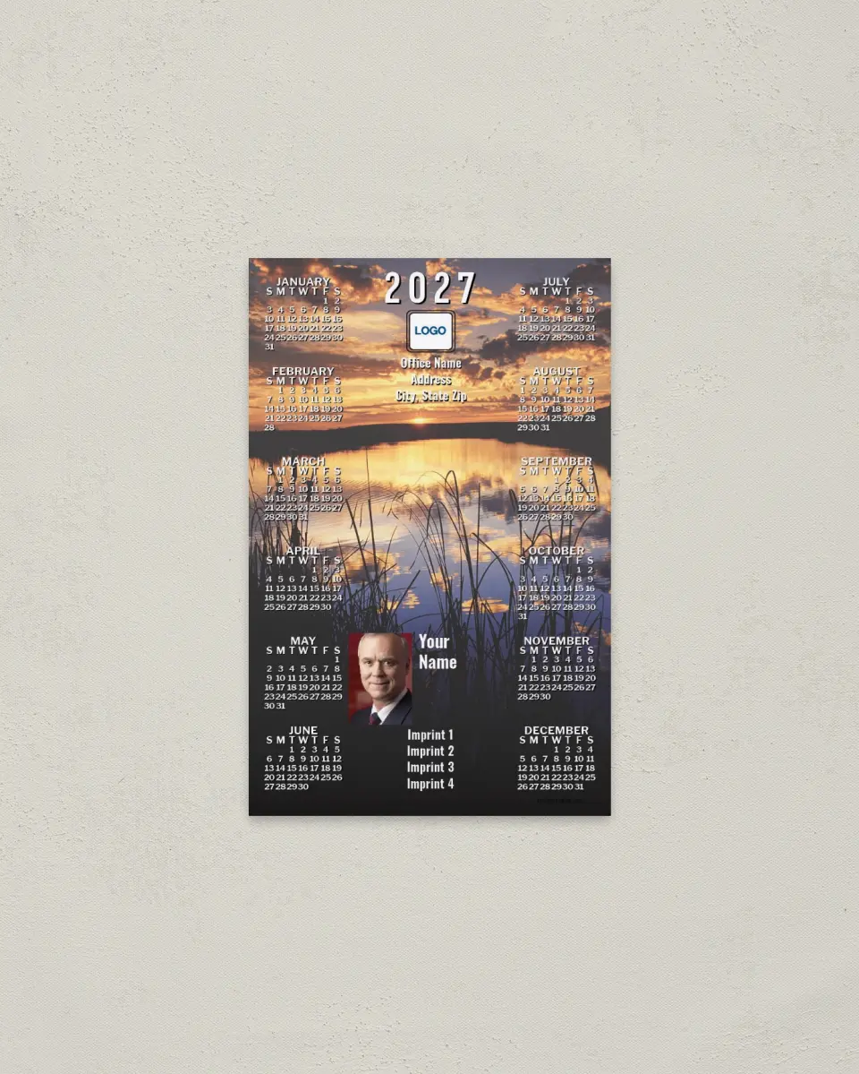 This is a 3.7" x 5.7" Full Magnet Calendar called Lake at Sunset printed in full color with a Standard Gloss finish
