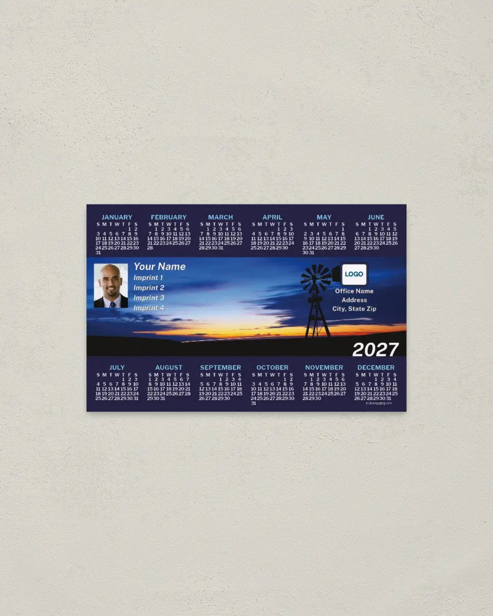 This is a 3.7" x 5.7" Full Magnet Calendar called Windmill at Sunset printed in full color with a Standard Gloss finish