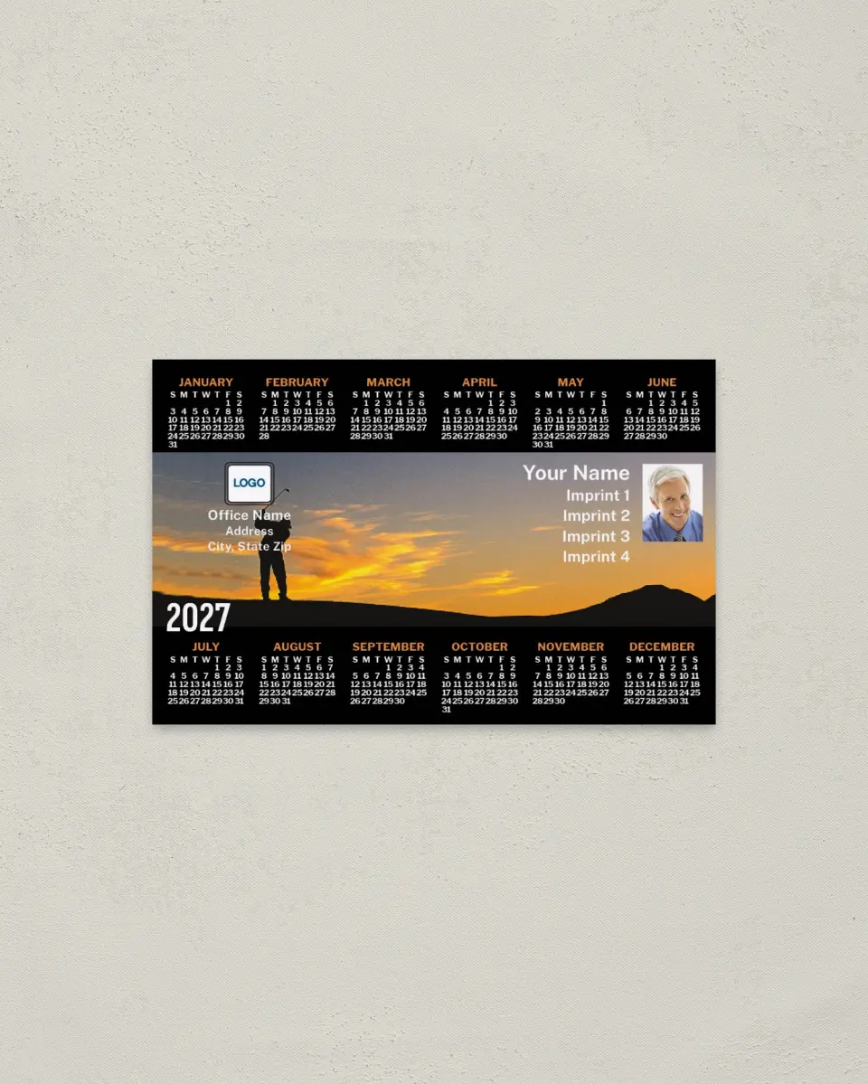 This is a 3.7" x 5.7" Full Magnet Calendar called Golfer at Sunset printed in full color with a Standard Gloss finish