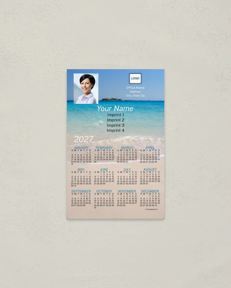 This is a 3.7" x 5.7" Full Magnet Calendar called Beach Background printed in full color with a Standard Gloss finish