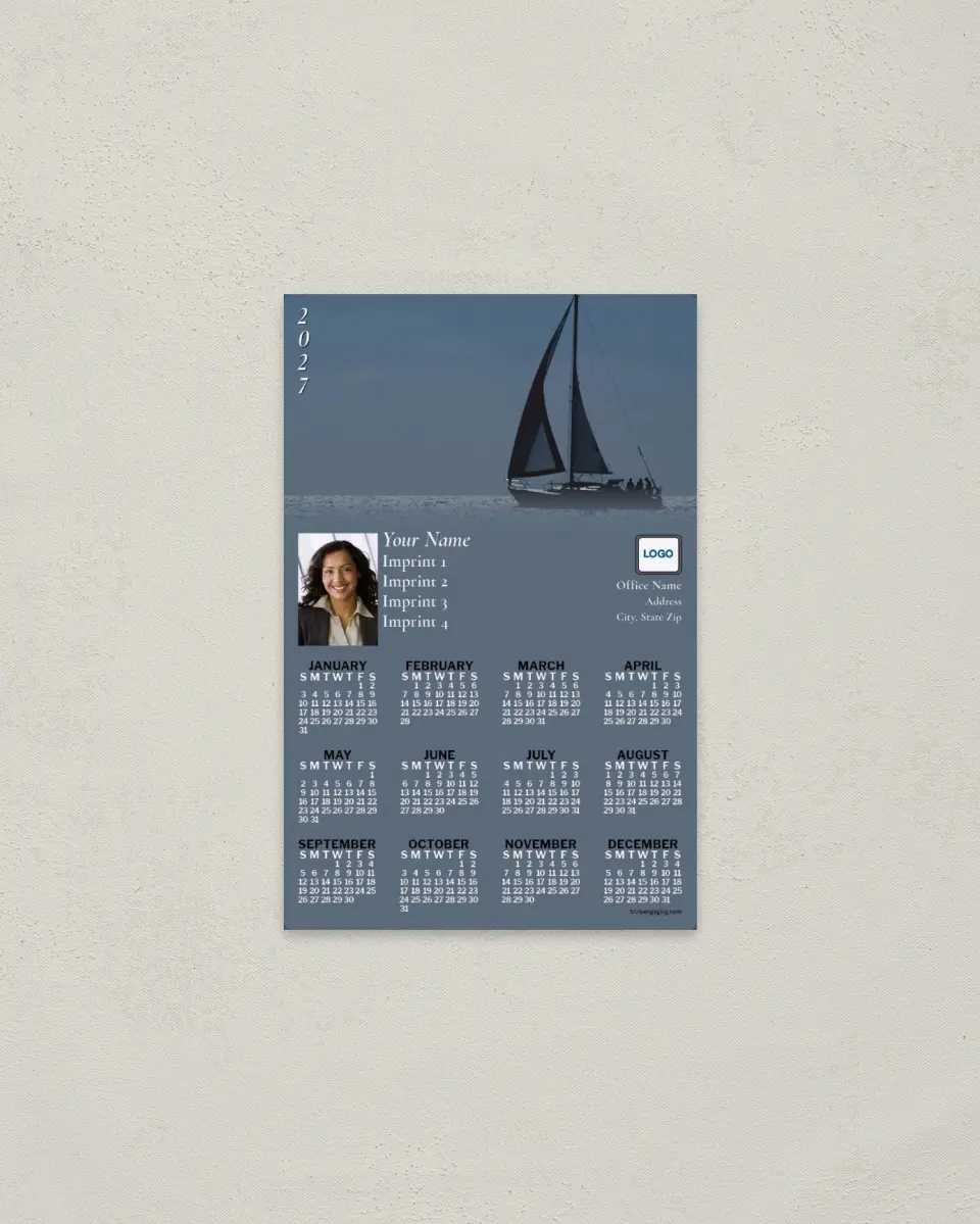 This is a 3.7" x 5.7" Full Magnet Calendar called Sailboat Fading to Gray-Blue printed in full color with a Standard Gloss finish