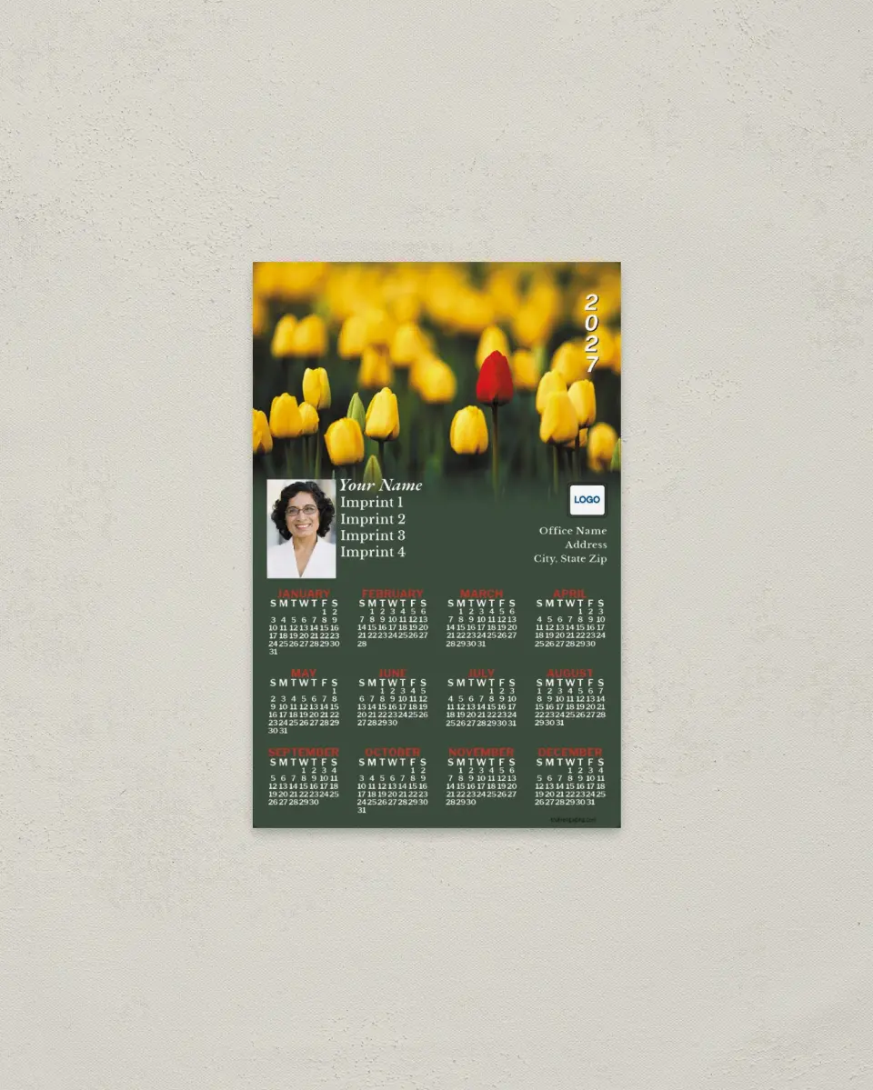This is a 3.7" x 5.7" Full Magnet Calendar called Tulips Fading to Green printed in full color with a Standard Gloss finish