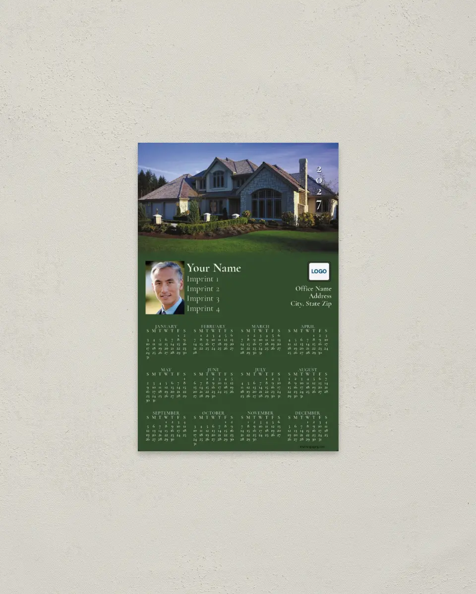 This is a 3.7" x 5.7" Full Magnet Calendar called House Fading to Green printed in full color with a Standard Gloss finish
