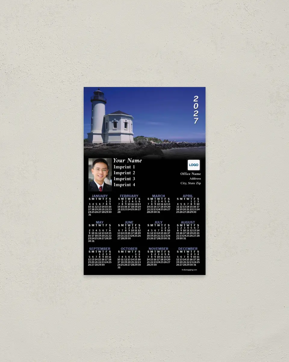 This is a 3.7" x 5.7" Full Magnet Calendar called Lighthouse Fading to Black printed in full color with a Standard Gloss finish