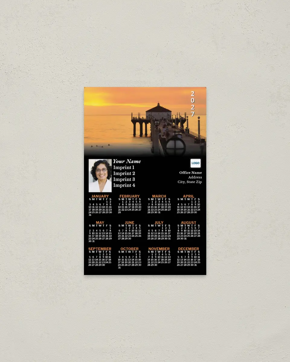 This is a 3.7" x 5.7" Full Magnet Calendar called Pier at Sunset printed in full color with a Standard Gloss finish