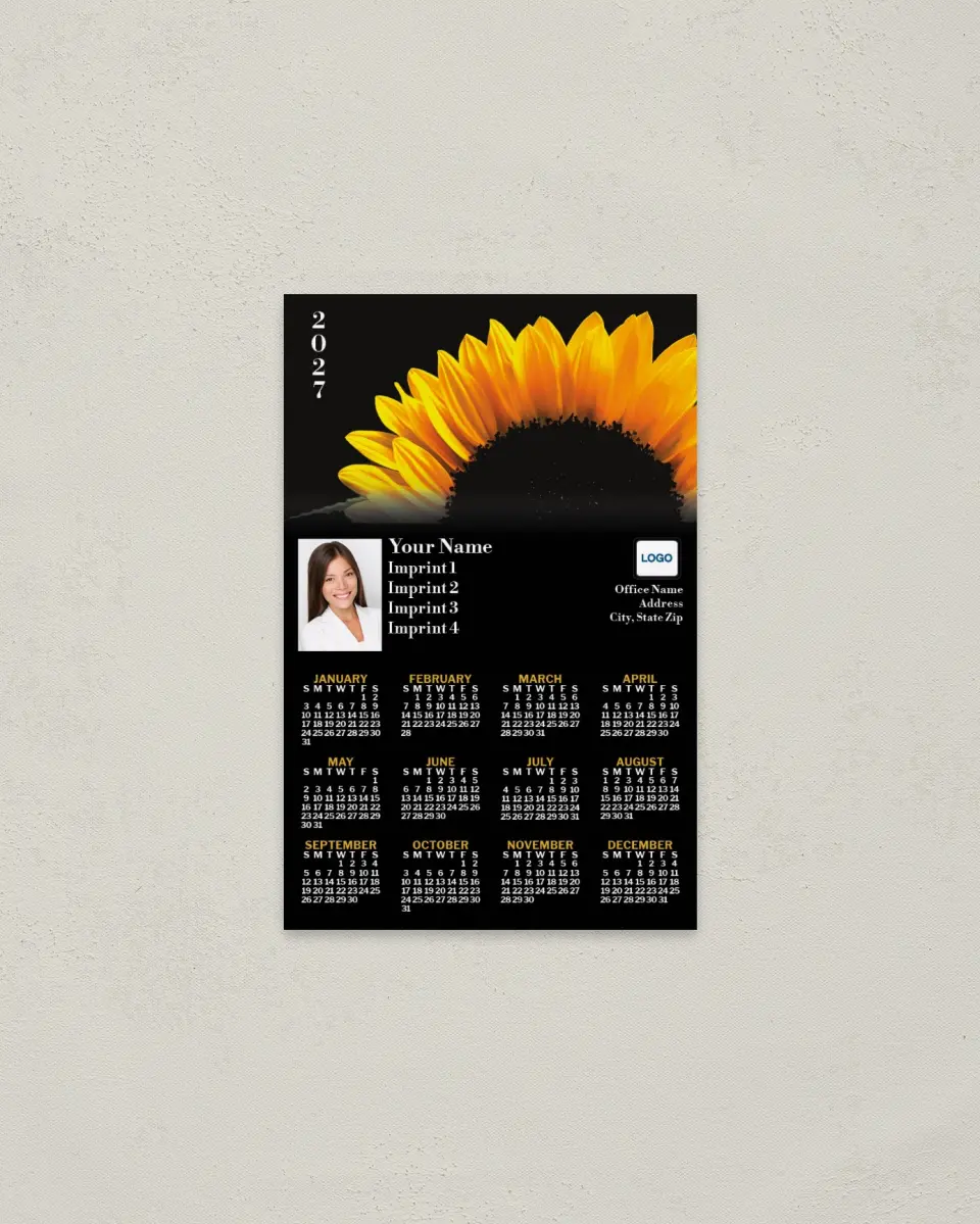 This is a 3.7" x 5.7" Full Magnet Calendar called Sunflower Fading to Black printed in full color with a Standard Gloss finish