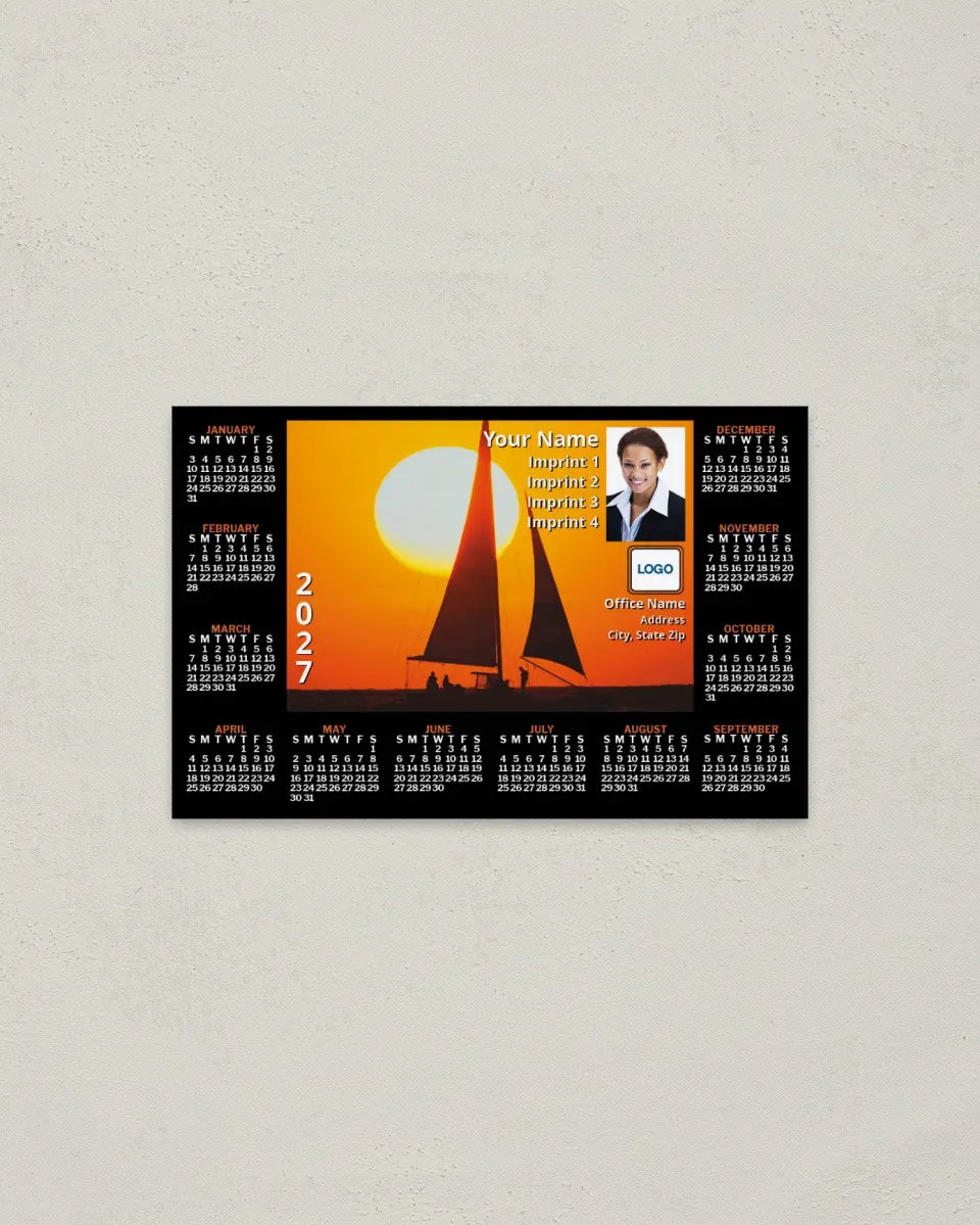 This is a 3.7" x 5.7" Full Magnet Calendar called Sailboat at Sunset printed in full color with a Standard Gloss finish