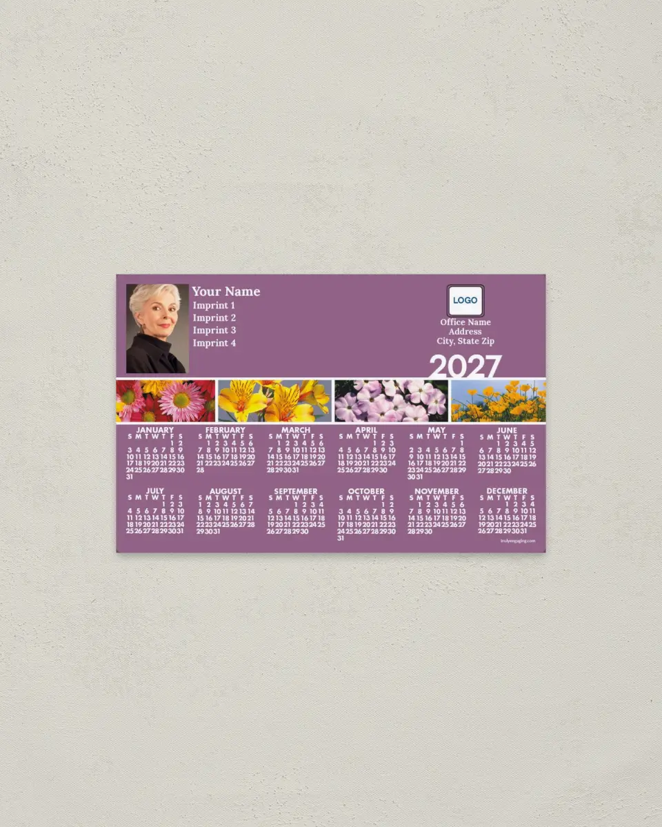 This is a 3.7" x 5.7" Full Magnet Calendar called Flowers Panoramic Collection printed in full color with a Standard Gloss finish