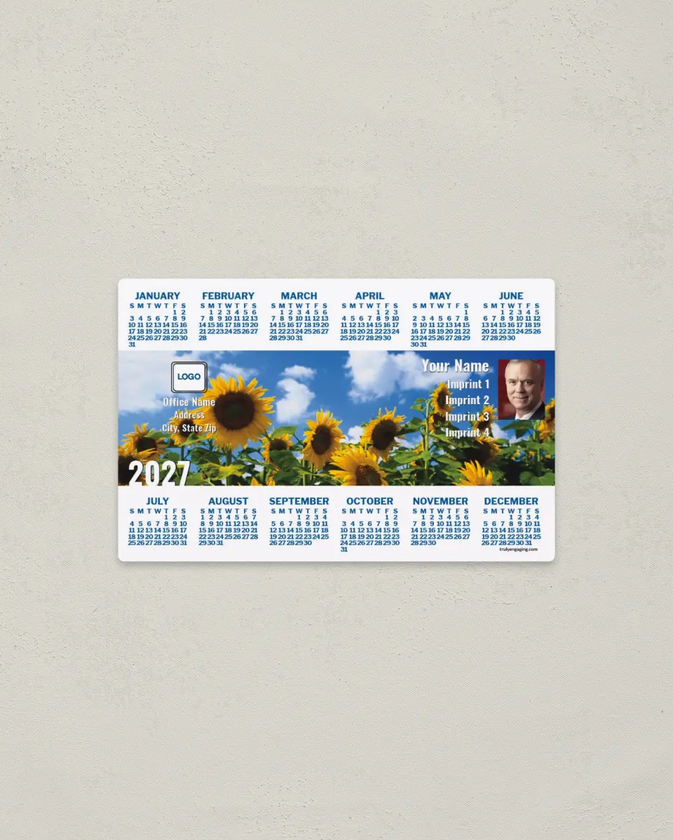 This is a 3.7" x 5.7" Full Magnet Calendar called Sunflowers printed in full color with a Standard Gloss finish