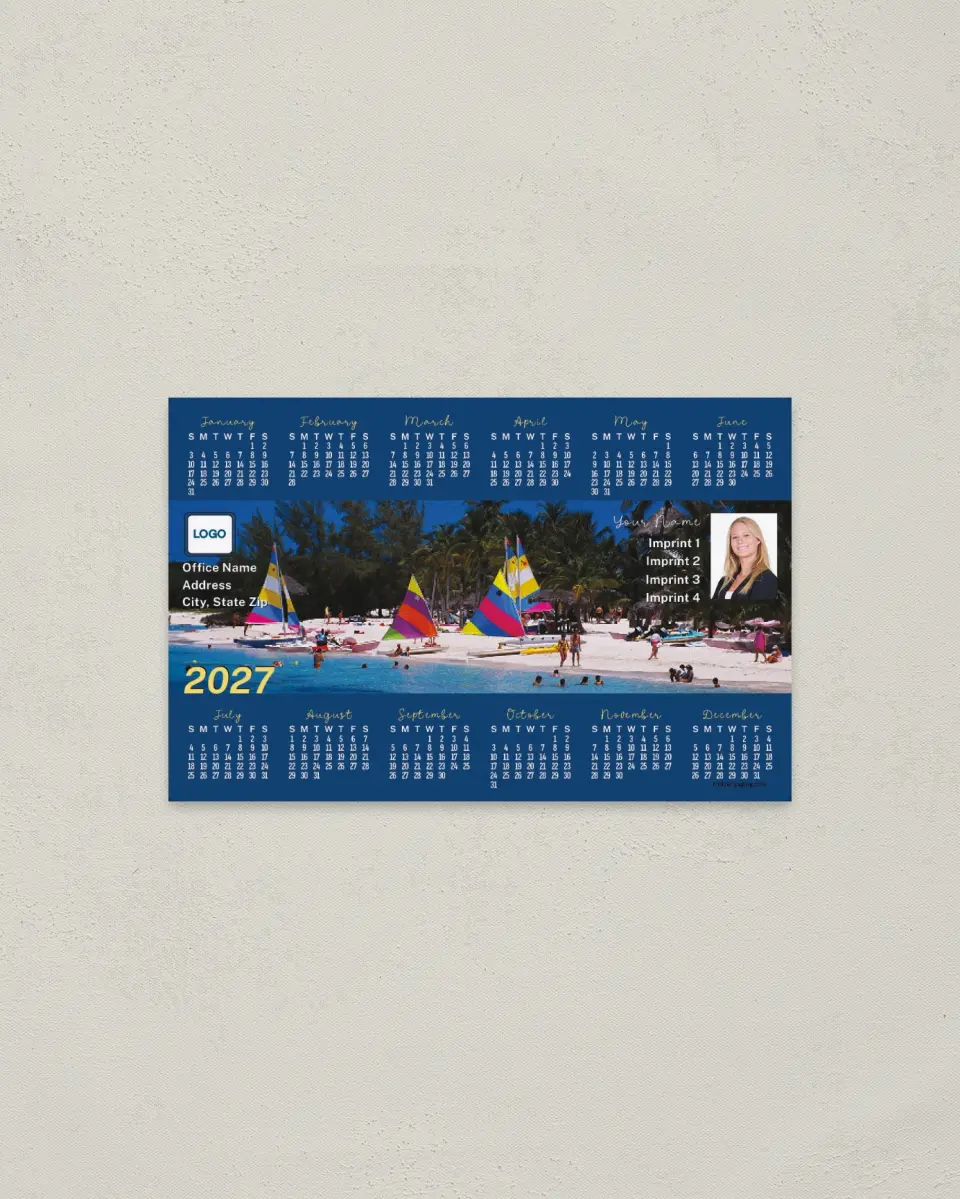 This is a 3.7" x 5.7" Full Magnet Calendar called Sailboats on Beach printed in full color with a Standard Gloss finish