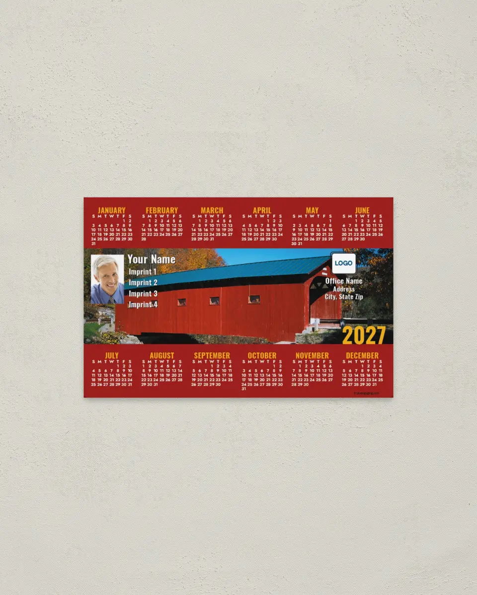 This is a 3.7" x 5.7" Full Magnet Calendar called Covered Bridge printed in full color with a Standard Gloss finish