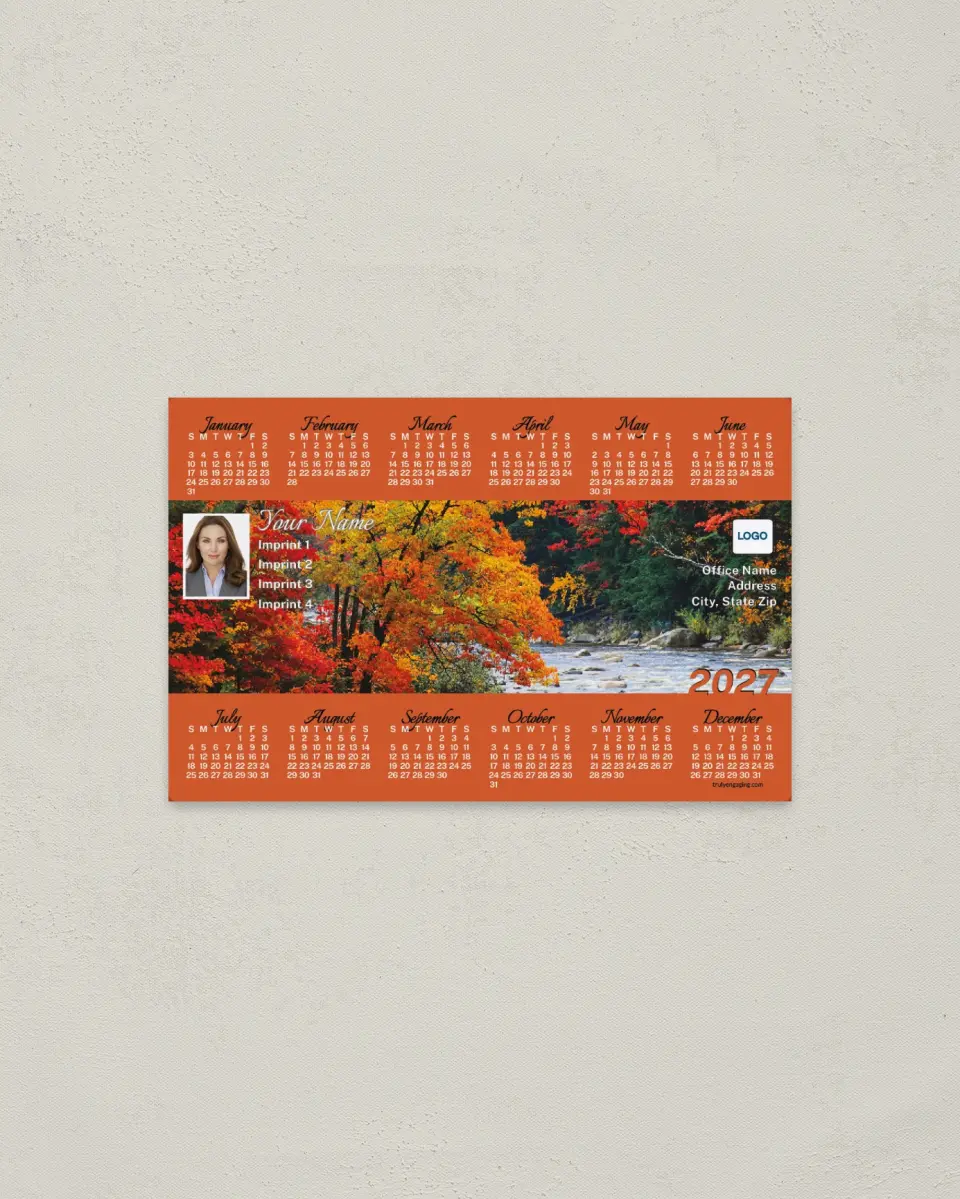 This is a 3.7" x 5.7" Full Magnet Calendar called Autumn Trees and Lake printed in full color with a Standard Gloss finish