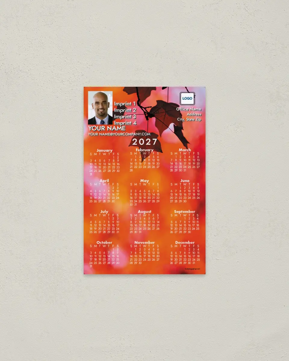 This is a 3.7" x 5.7" Full Magnet Calendar called Autumn Leaves printed in full color with a Standard Gloss finish