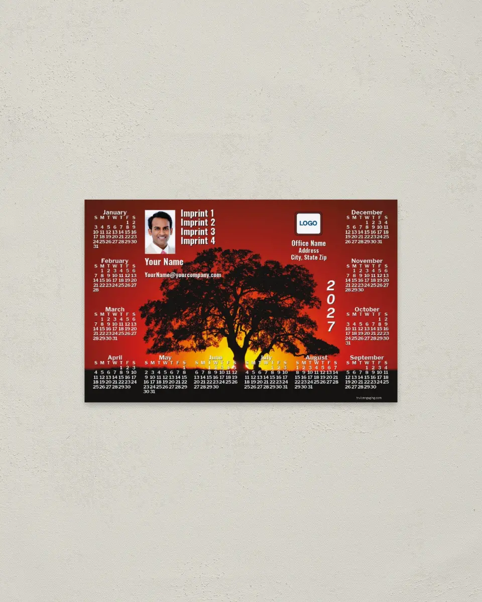 This is a 3.7" x 5.7" Full Magnet Calendar called Tree at Sunset printed in full color with a Standard Gloss finish