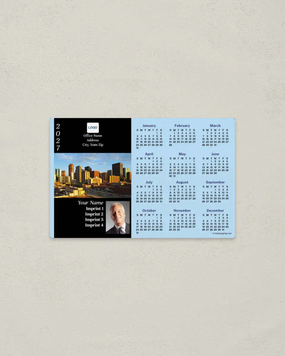 This is a 3.7" x 5.7" Full Magnet Calendar called Denver printed in full color with a Standard Gloss finish