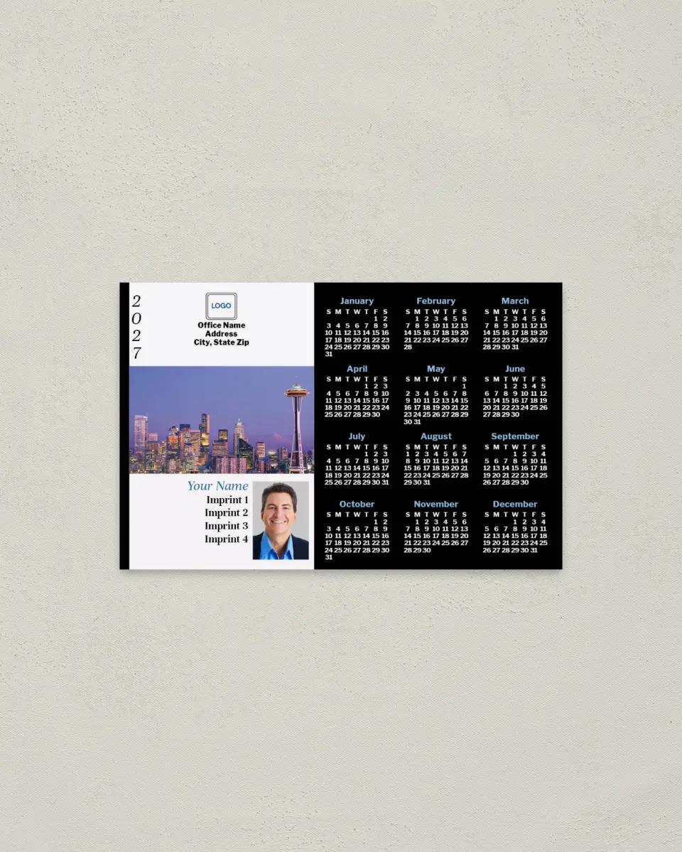 This is a 3.7" x 5.7" Full Magnet Calendar called Seattle printed in full color with a Standard Gloss finish