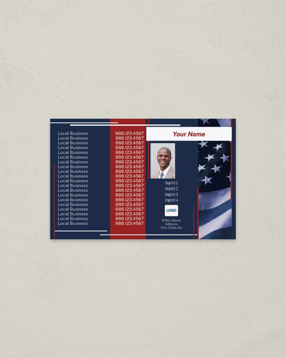 This is a 3.7" x 5.7" Directorie called Blue and Red with Tinted Flag printed in full color with a Standard Gloss finish