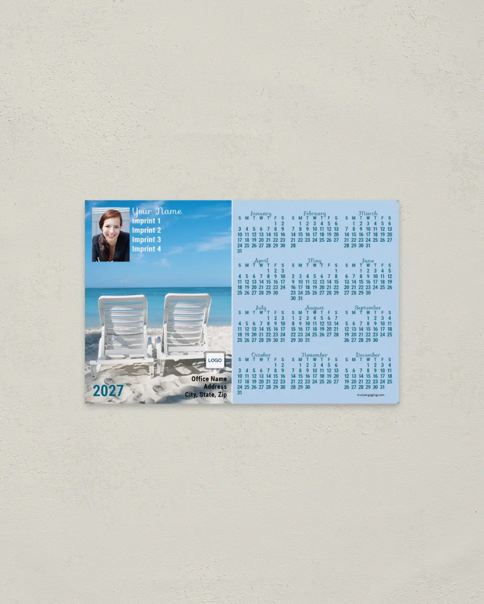 This is a 3.7" x 5.7" Full Magnet Calendar called Plastic Beach Chairs printed in full color with a Standard Gloss finish