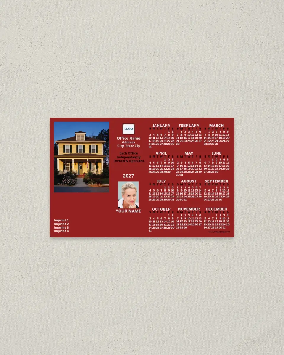 This is a 3.7" x 5.7" Full Magnet Calendar called Front Door with Flag, Dark Red printed in full color with a Standard Gloss finish