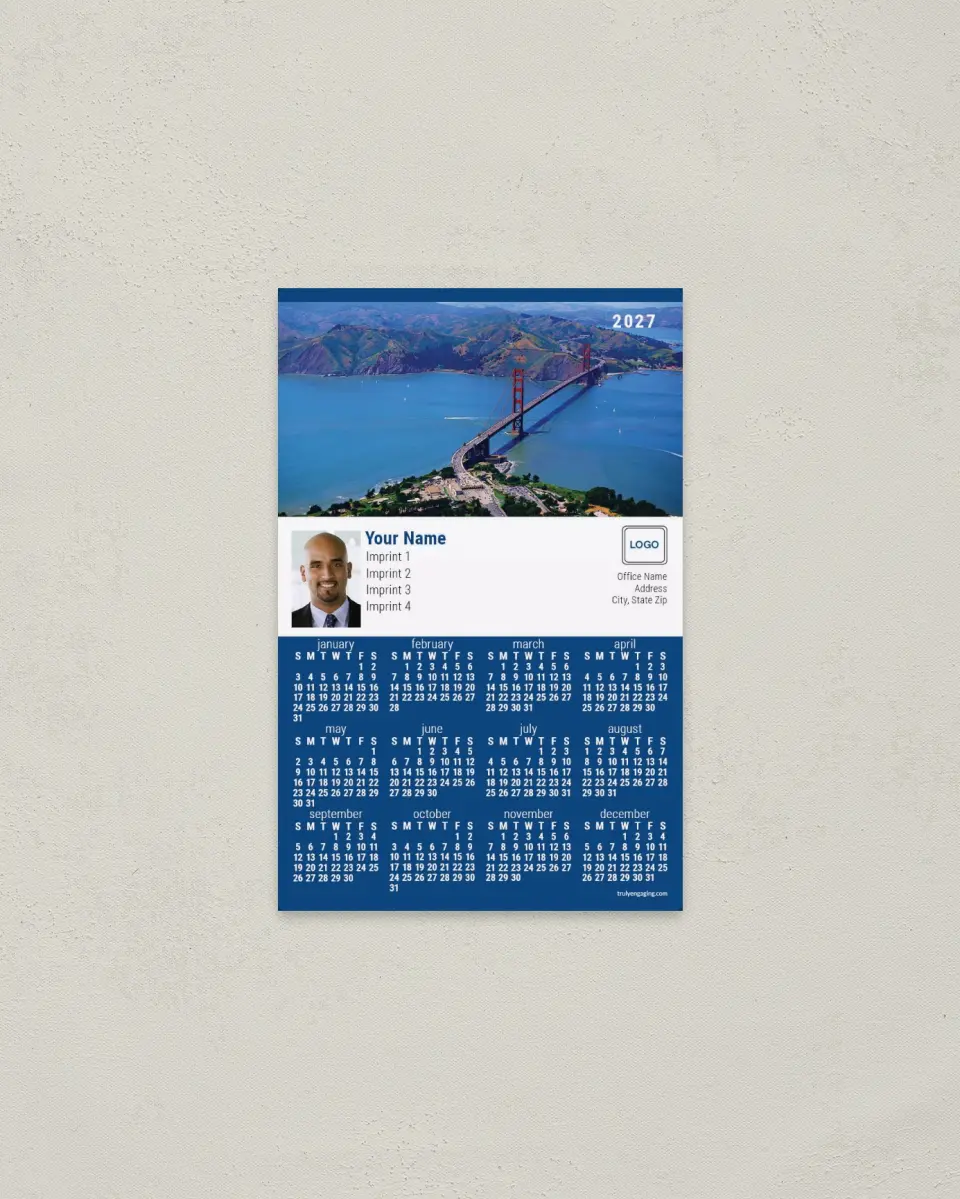 This is a 3.7" x 5.7" Full Magnet Calendar called Golden Gate Bridge, White & Blue printed in full color with a Standard Gloss finish