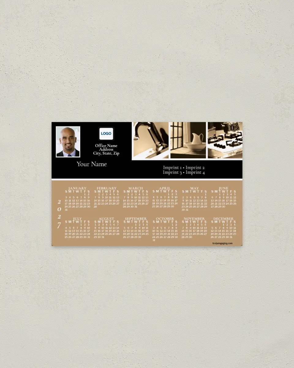 This is a 3.7" x 5.7" Full Magnet Calendar called Kitchen Items, Sepia Tones, Tan & Black printed in full color with a Standard Gloss finish