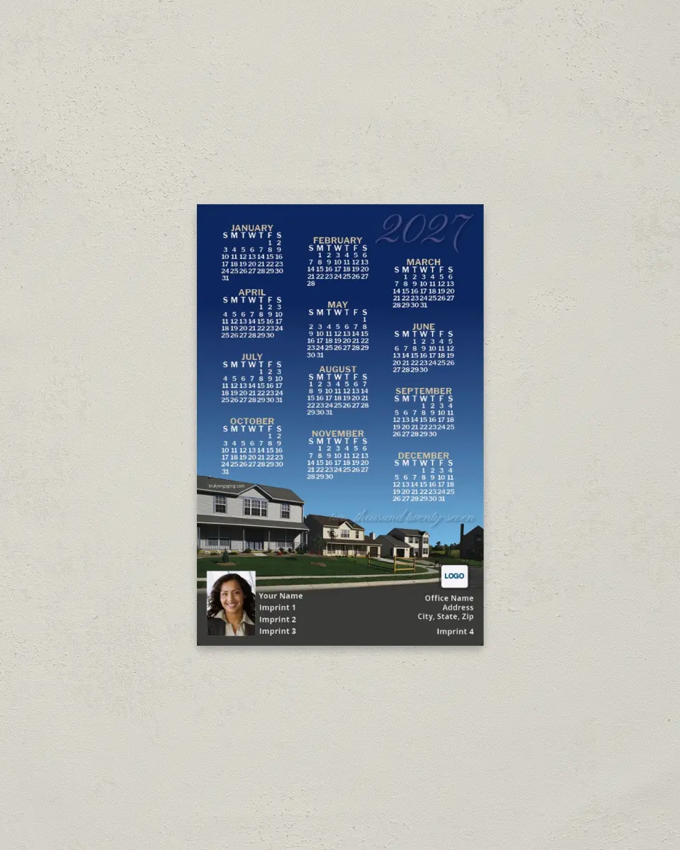 This is a 3.7" x 5.7" Full Magnet Calendar called Suburban Neighborhood printed in full color with a Standard Gloss finish