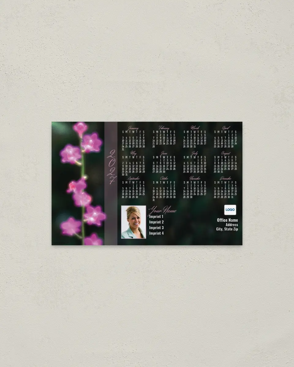 This is a 3.7" x 5.7" Full Magnet Calendar called Purple-Pink Flowers printed in full color with a Standard Gloss finish