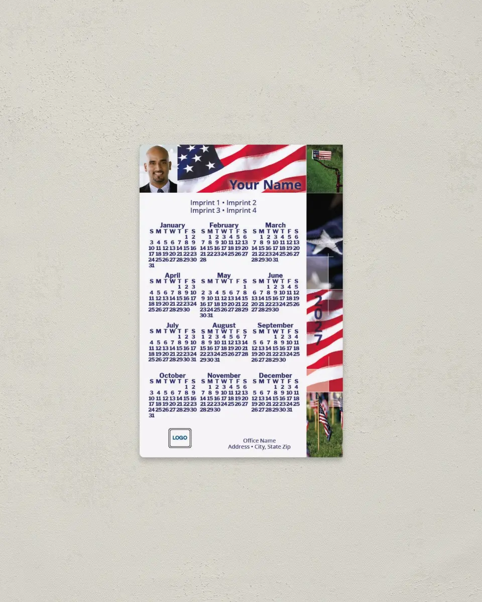 This is a 3.7" x 5.7" Full Magnet Calendar called Flag Mosaic printed in full color with a Standard Gloss finish
