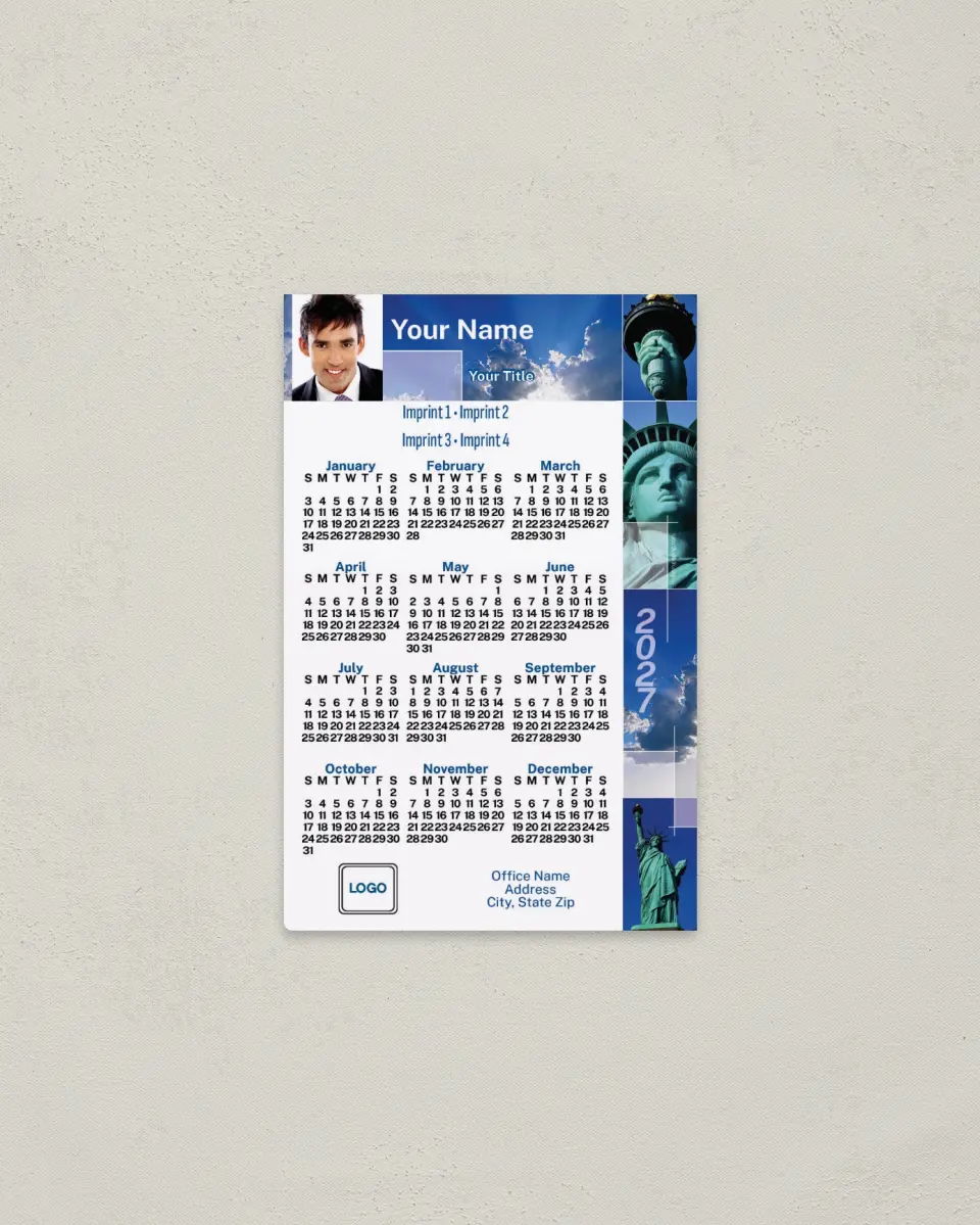 This is a 3.7" x 5.7" Full Magnet Calendar called Statue Of Liberty Mosaic printed in full color with a Standard Gloss finish