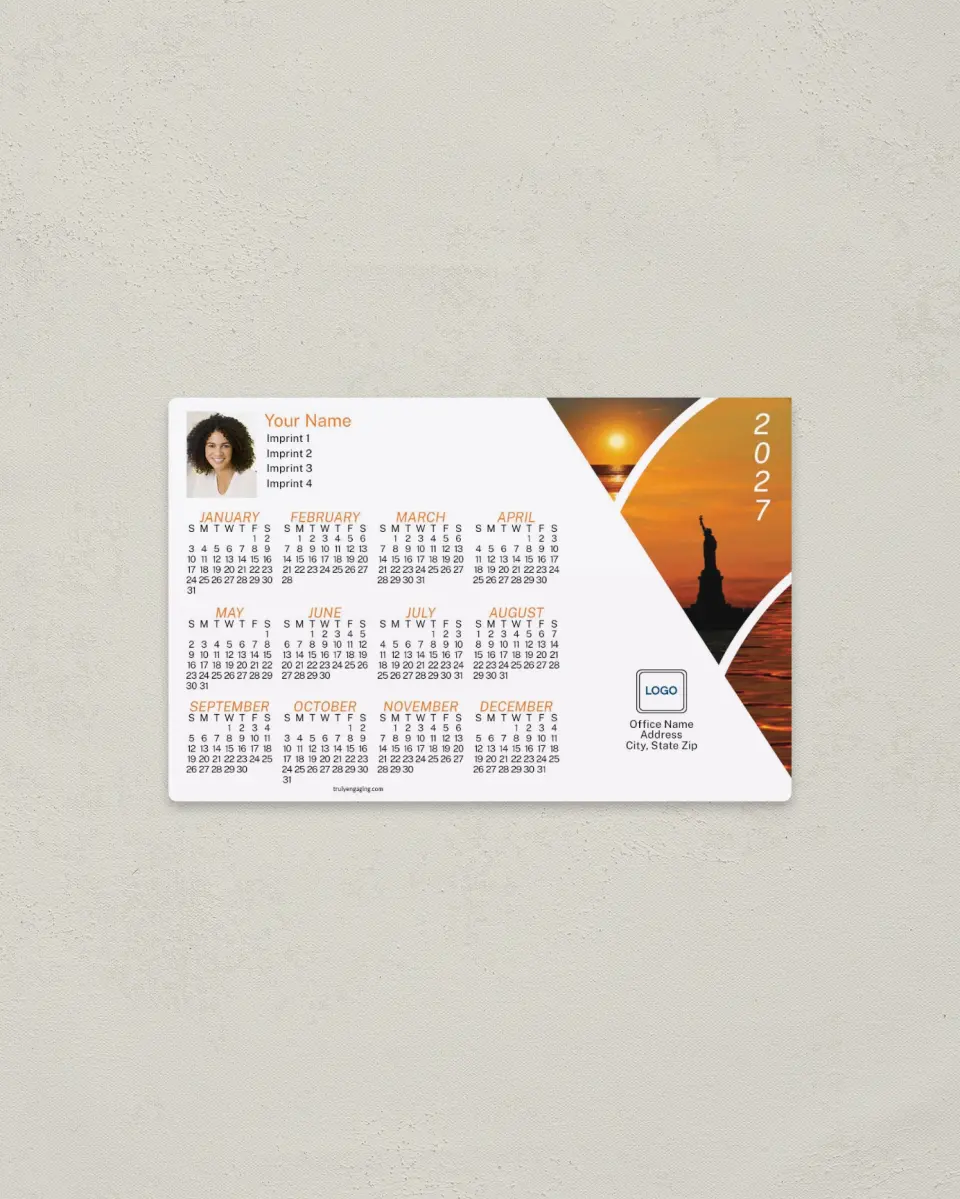 This is a 3.7" x 5.7" Full Magnet Calendar called Statue of Liberty and Water at Sunset, White printed in full color with a Standard Gloss finish