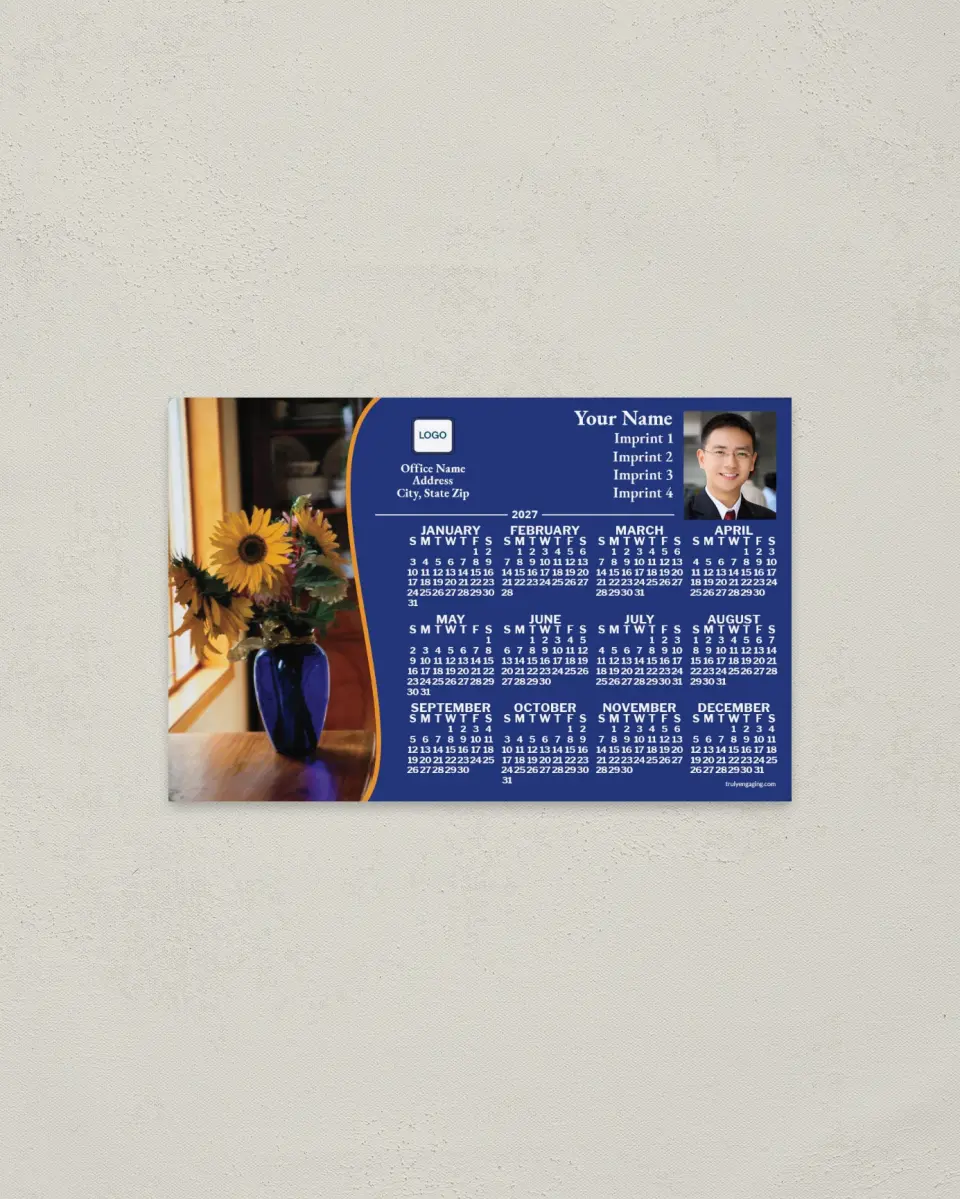 This is a 3.7" x 5.7" Full Magnet Calendar called Vase of Sunflowers, Blue printed in full color with a Standard Gloss finish