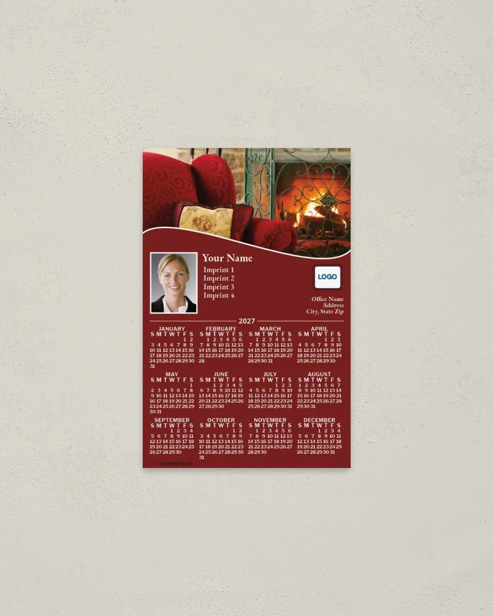 This is a 3.7" x 5.7" Full Magnet Calendar called Fireside Luxury printed in full color with a Standard Gloss finish