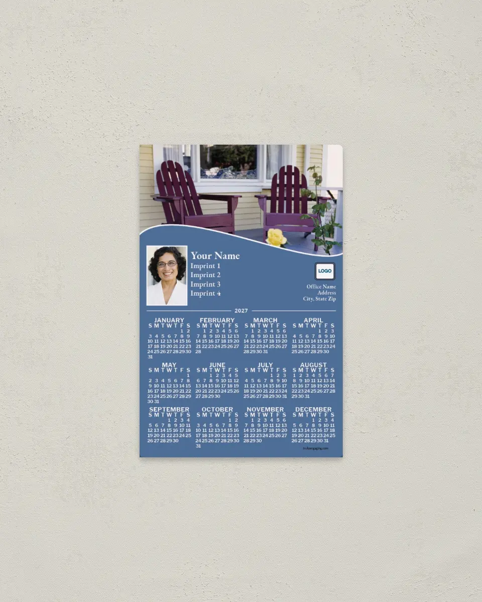 This is a 3.7" x 5.7" Full Magnet Calendar called Purple Chairs, Blue-Purple printed in full color with a Standard Gloss finish