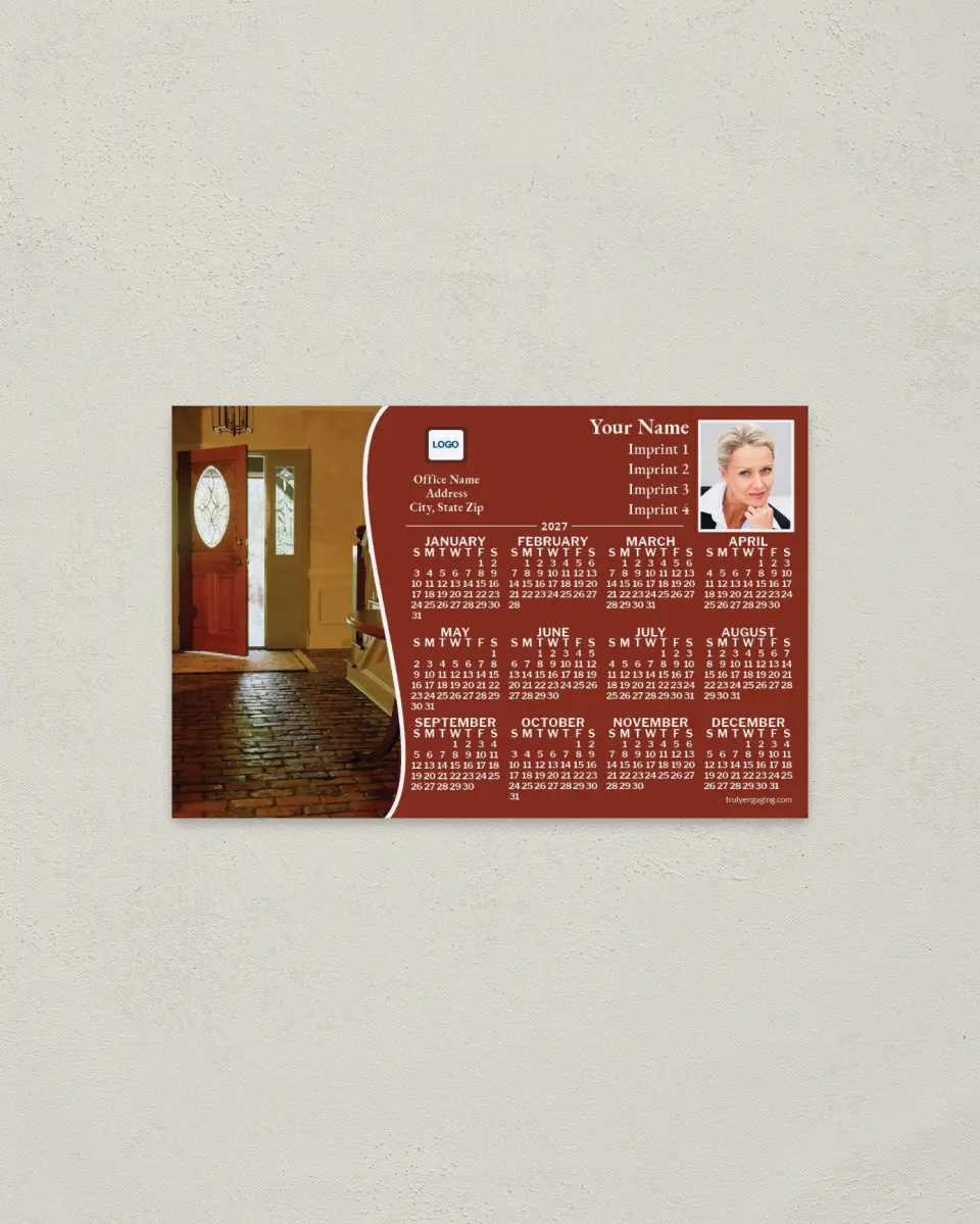 This is a 3.7" x 5.7" Full Magnet Calendar called Open Front Door, Brown printed in full color with a Standard Gloss finish