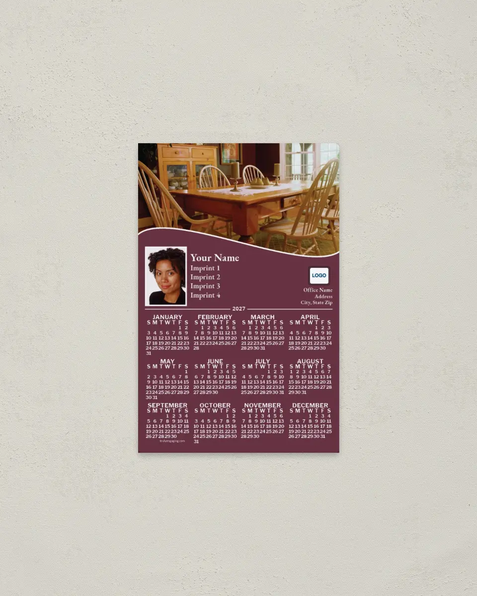 This is a 3.7" x 5.7" Full Magnet Calendar called Dining Room with Wood Table, Mulberry printed in full color with a Standard Gloss finish