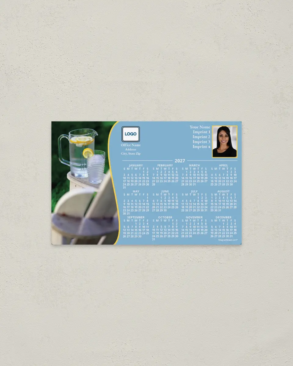 This is a 3.7" x 5.7" Full Magnet Calendar called Pitcher of Water with Lemons, Light Blue printed in full color with a Standard Gloss finish