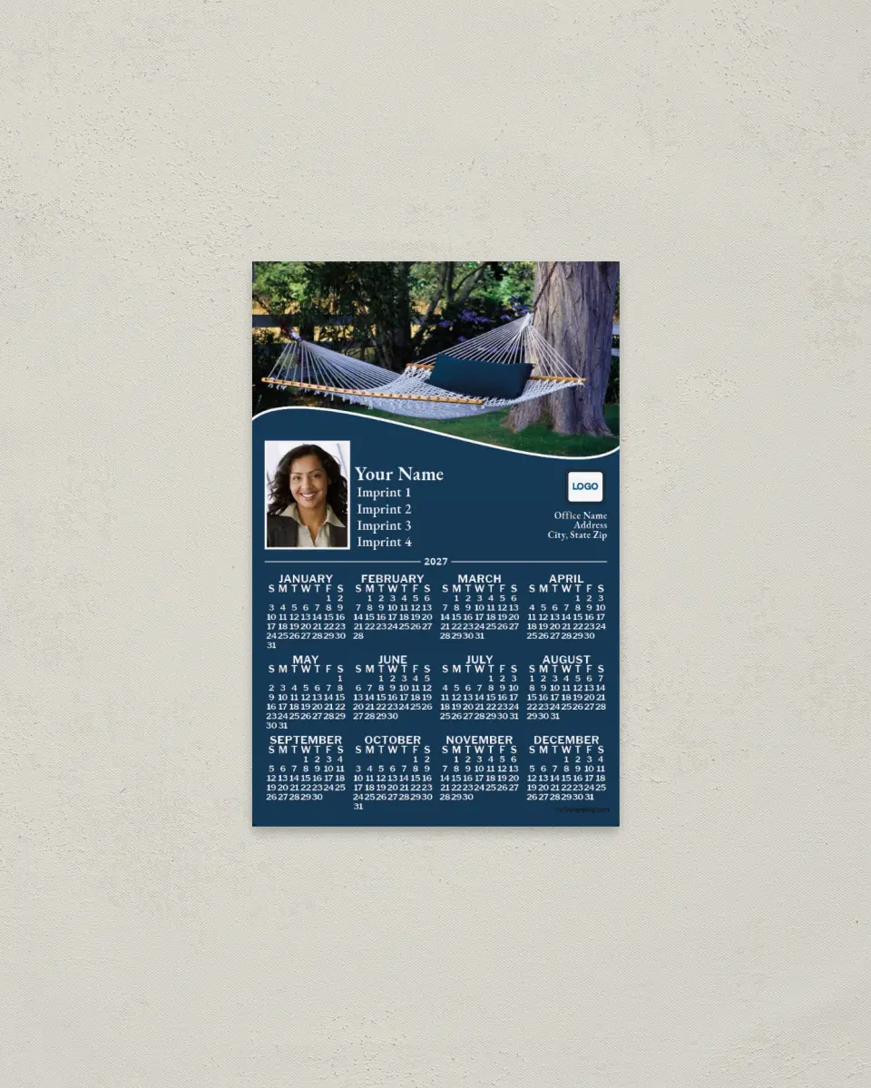 This is a 3.7" x 5.7" Full Magnet Calendar called Hammock, Dark Blue printed in full color with a Standard Gloss finish