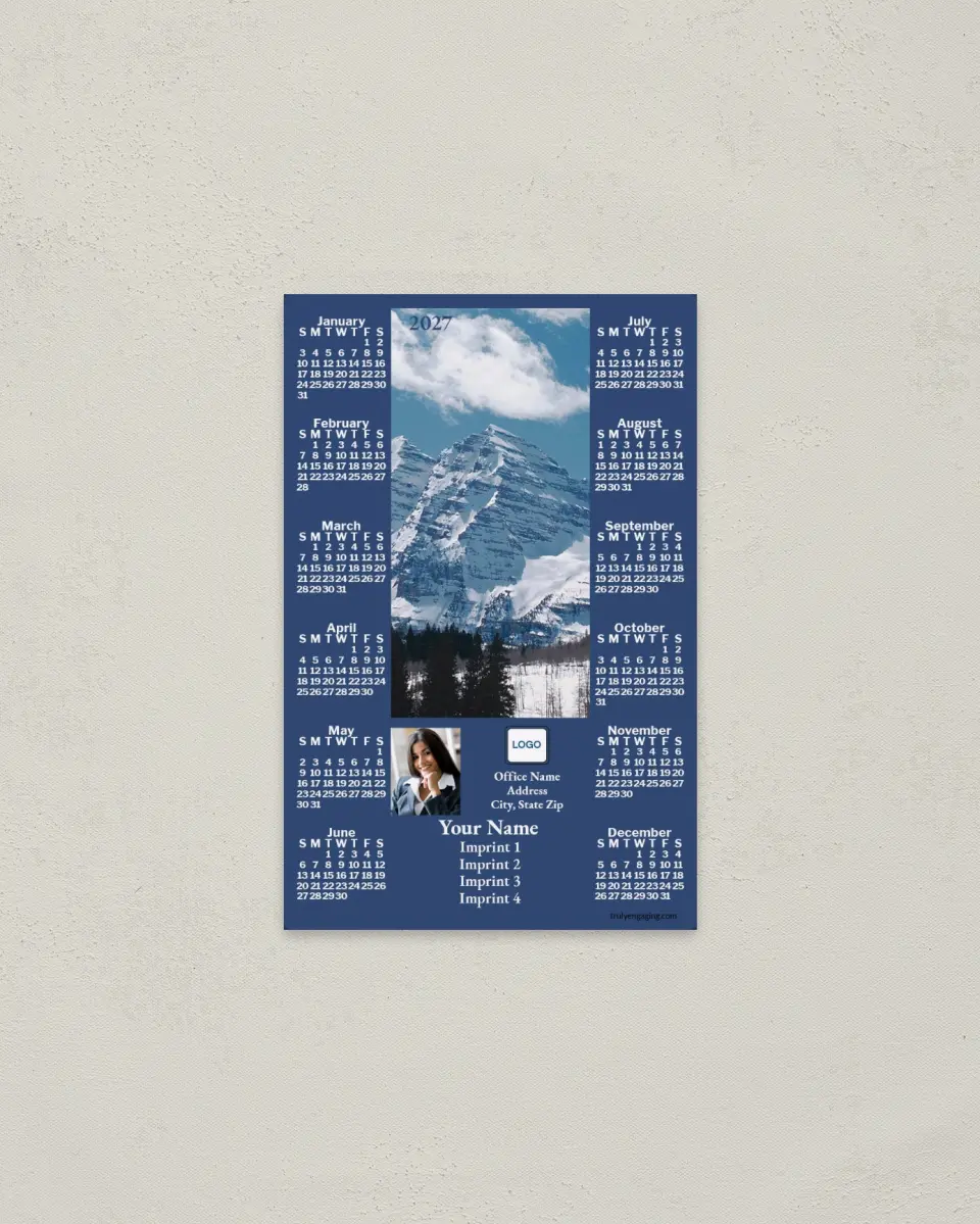 This is a 3.7" x 5.7" Full Magnet Calendar called Snowy Mountains, Blue printed in full color with a Standard Gloss finish