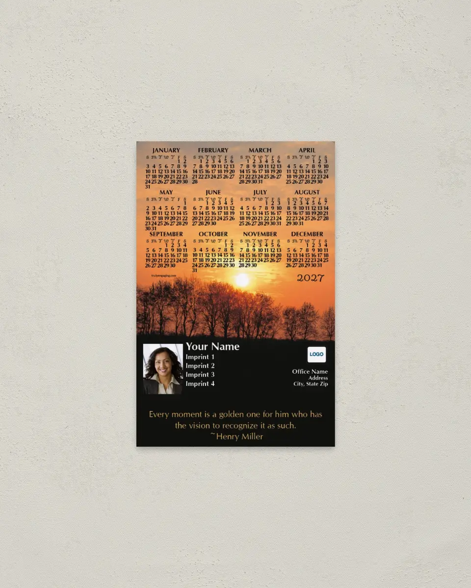 This is a 3.7" x 5.7" Full Magnet Calendar called Trees at Sunset with Quotation printed in full color with a Standard Gloss finish