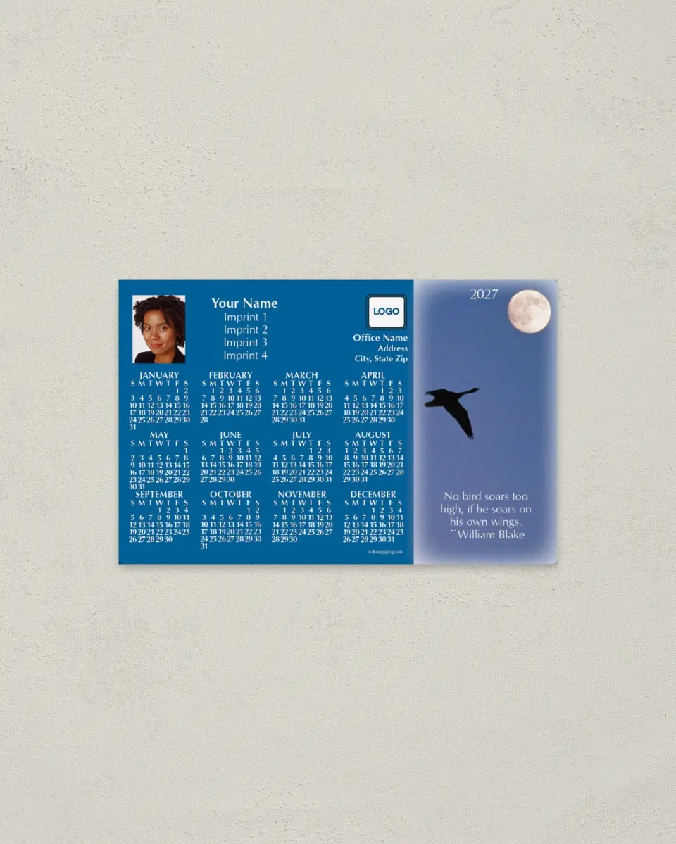 This is a 3.7" x 5.7" Full Magnet Calendar called Bird and Moon with Quotation, Blue printed in full color with a Standard Gloss finish